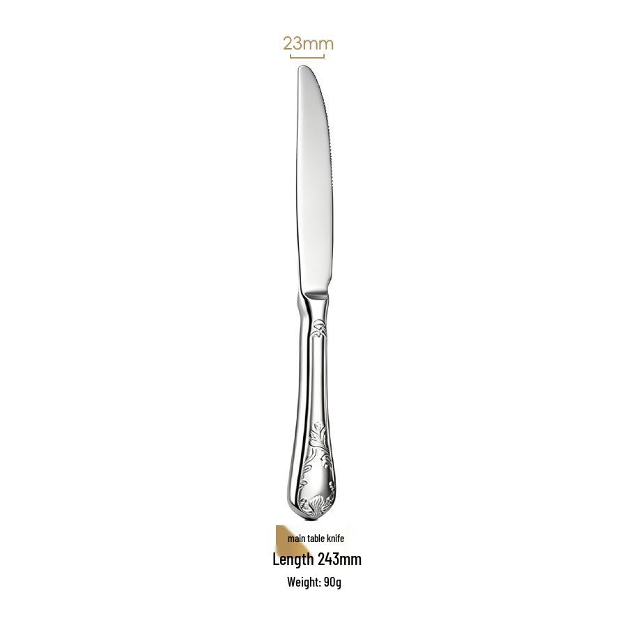 304 Stainless Steel Cutlery Set: French Mirror Finish with Noble Vine Embossed Design - Includes Steak Knife, Fork, Spoon, and Luxury Soup Spoon.