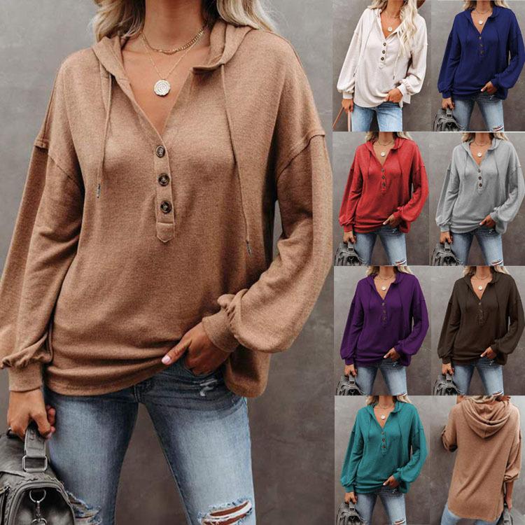 Woman Sweater Autumn/winter Buttons Hooded Leisure Loose Solid Color Lantern Sleeve Woman's Coat