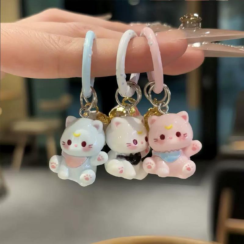 1PC Resin Kitten Cute Car Key Pendant with Small Bell Bag Charm 3D Cat Keychain Anti-lost Cartoon Mobile Phone Chain