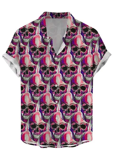 Vintage Men Shirts Funny Skull Flowers Printing Streetwear Short Sleeve Shirts Summer Hawaii Shirt Print Lapels Shirts for Men