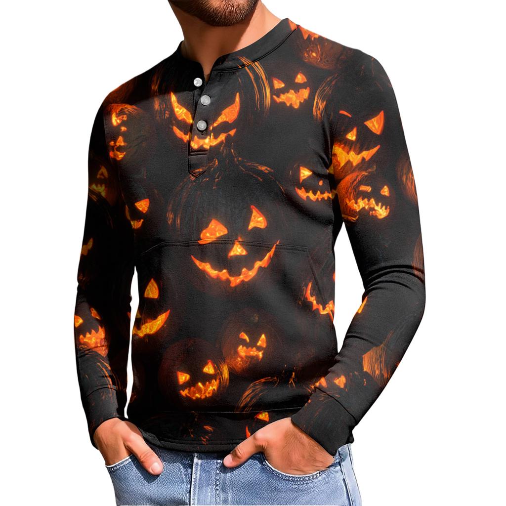 Men's Casual Button-Down Sweatshirt Fashion Printed Long Sleeve Shirt Pullover
