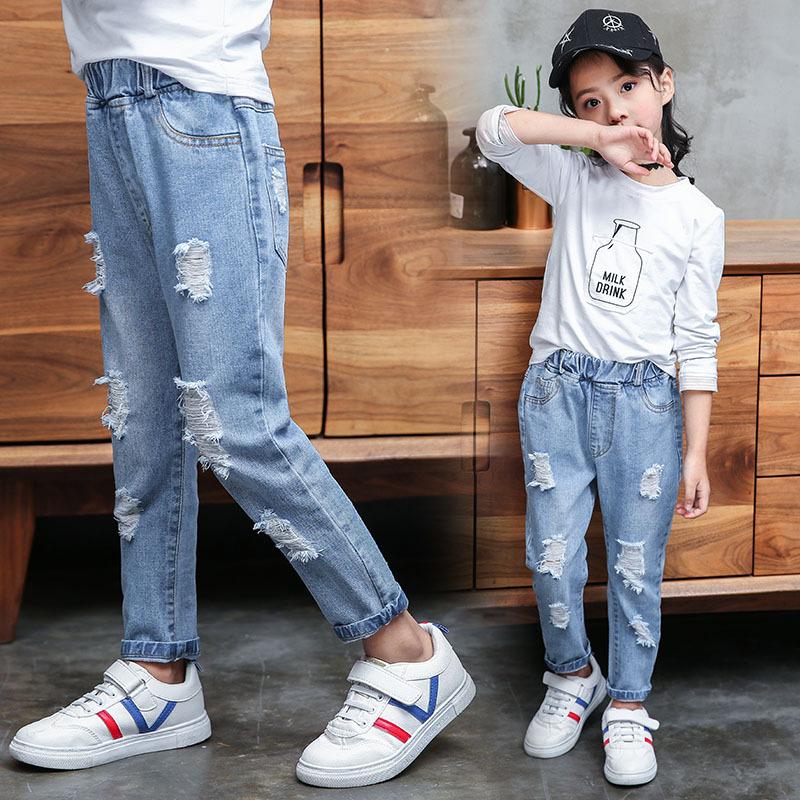 Spring Autumn Teenager Ripped Denim Pants Children Trousers Kids Hole Pants Casual Boy Girls Jeans 3-12 Year Kid Clothes