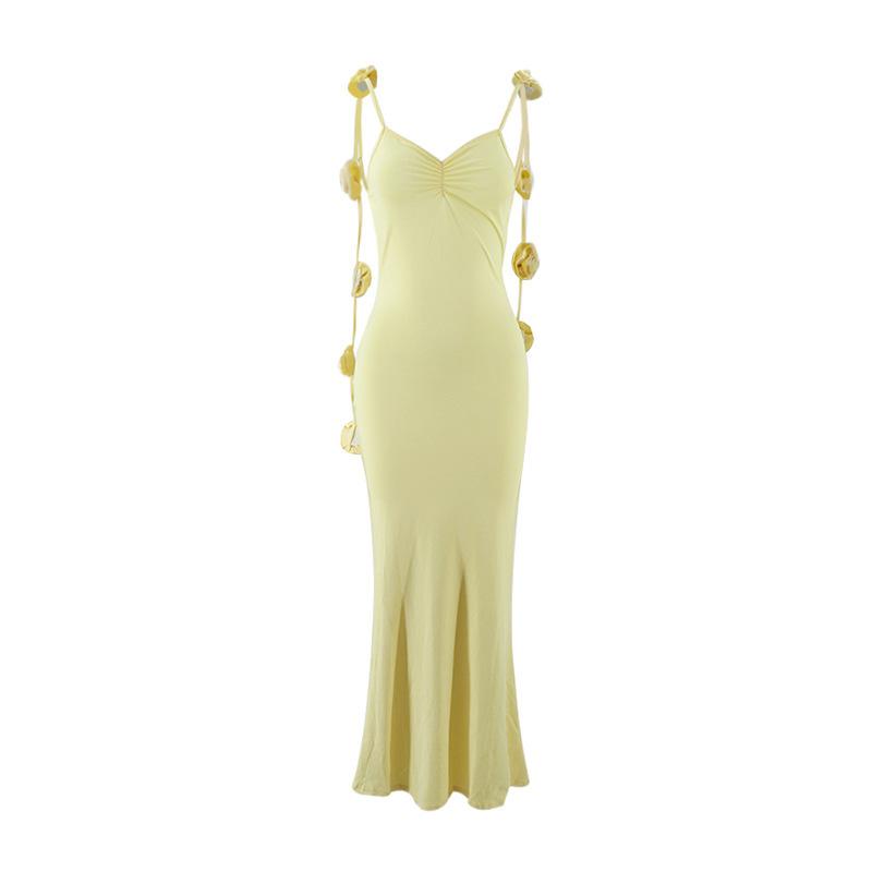 Europäische und amerikanische beliebte Damenbekleidung sexy Abendkleid Träger dekorative Blume Hosenträger langes Kleid