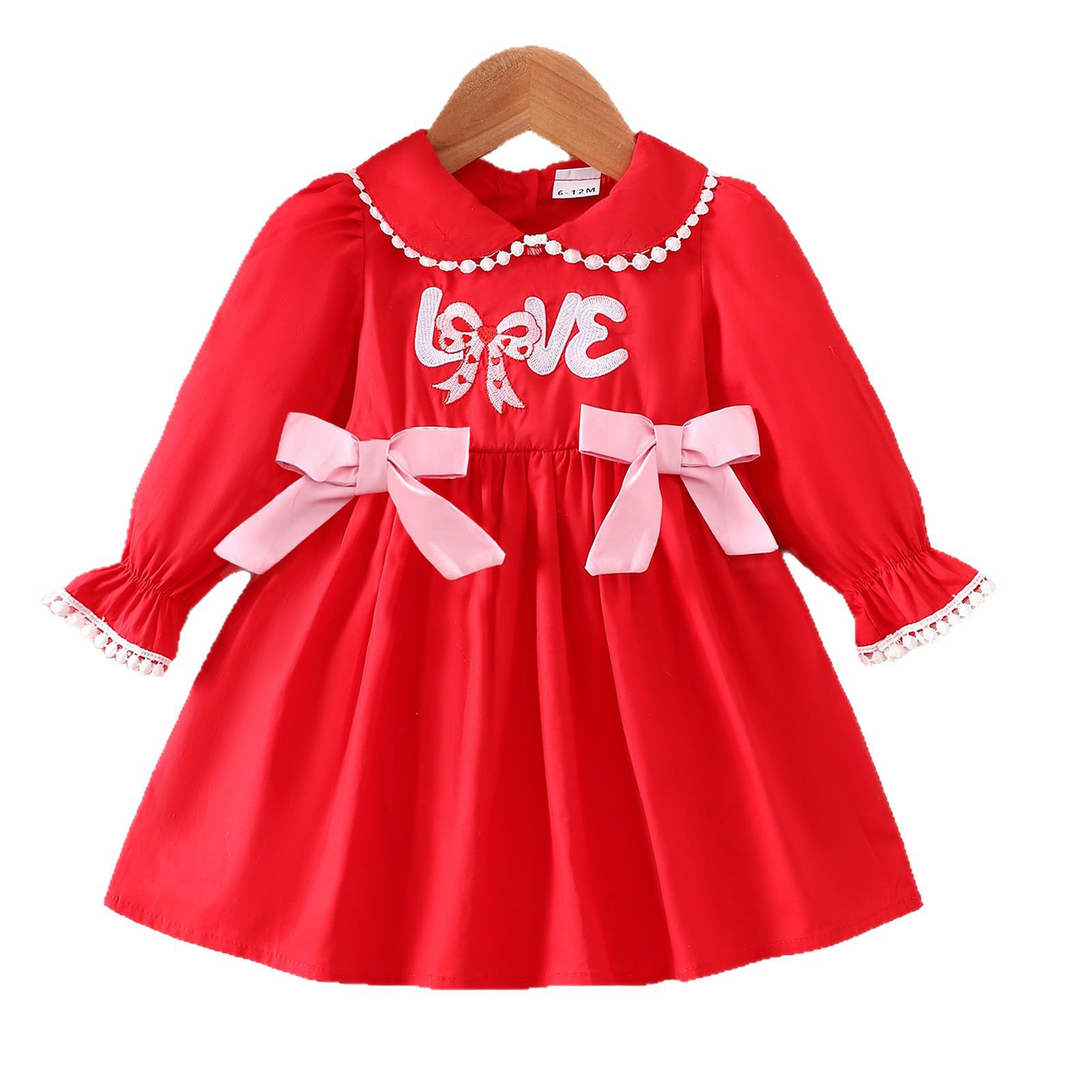 

Spring 2026 Toddler Girls Red Love Embroidery Dress with Long Sleeves and Doll Collar 3-4 Years червоний