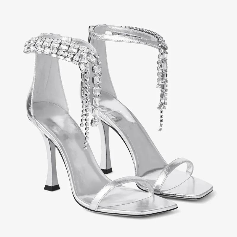 2025 New Luxury Rhinestones Tassels Women Gladiator Sandals Sexy Ankle Strap Crystal Thin High heels Summer Party Wedding Shoes