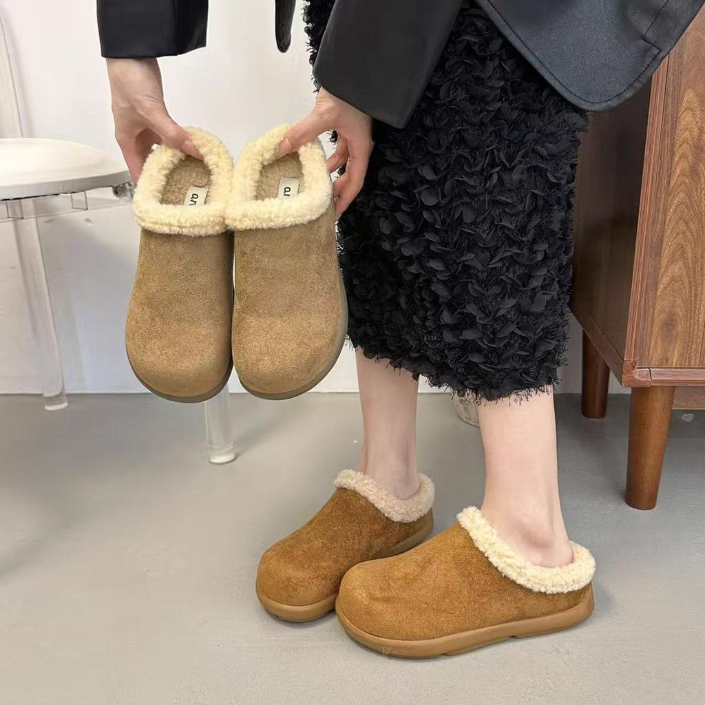 Wool Leather Small Potato Fluffy Shoes Winter Warm and Plush Boken Half Slippers Thickened Cotton Shoes
