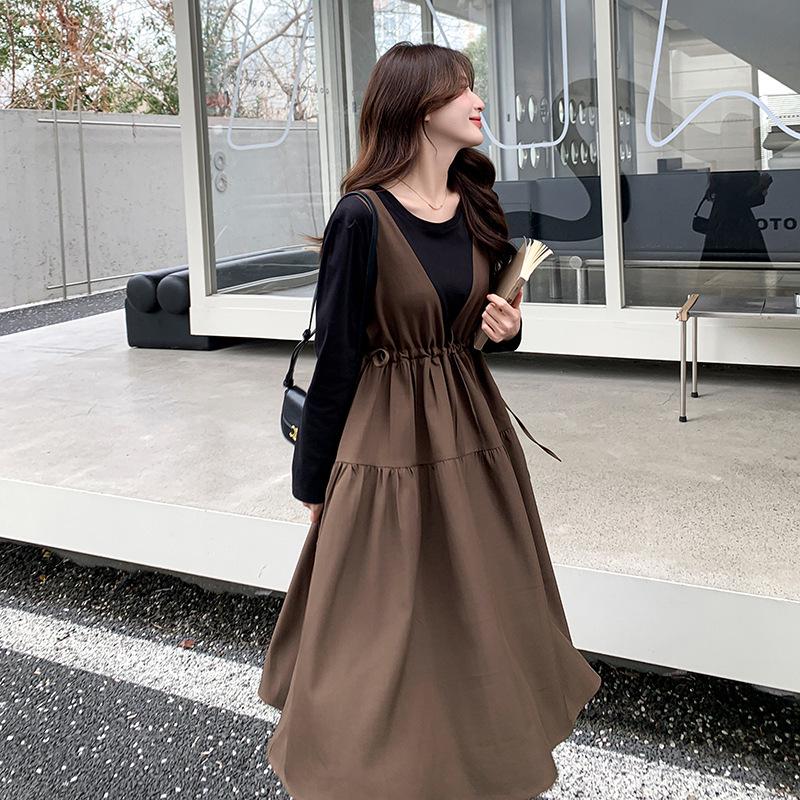 Khaki Faux Two-Piece Spliced A-Line Dress - Women's Mid-Length Spring 2025 French Sweet Style Pinafore Dress