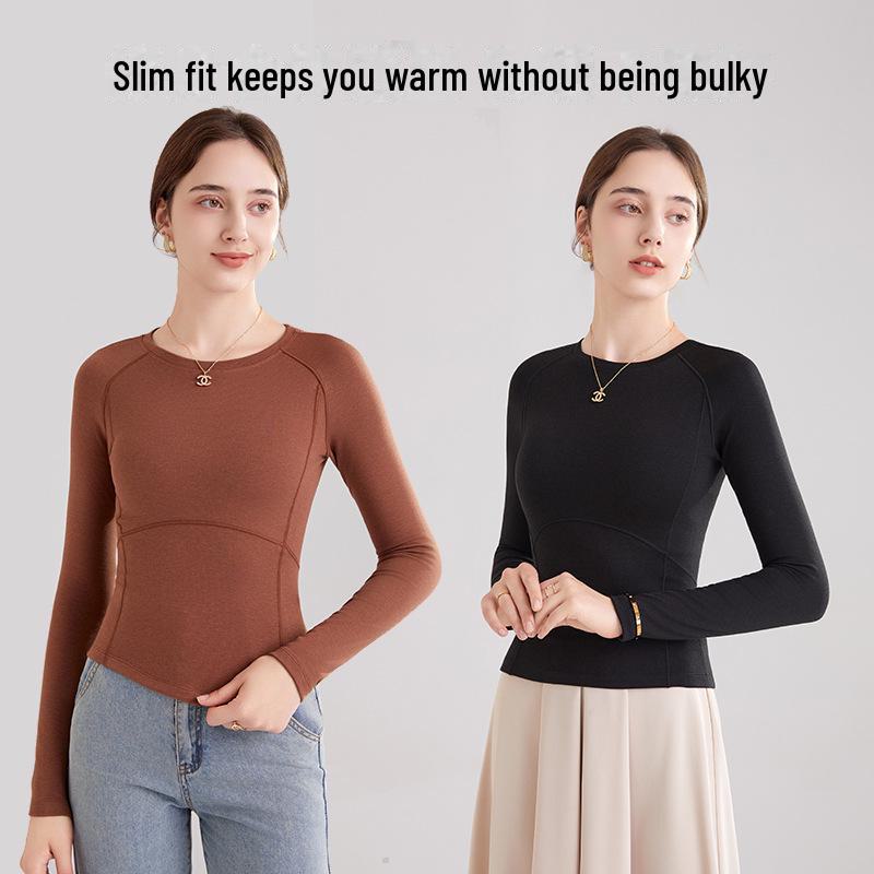 Damen Herbst/Winter Slim Fit Langarm Woll-Plus-Samt-Oberteil mit Rundhalsausschnitt