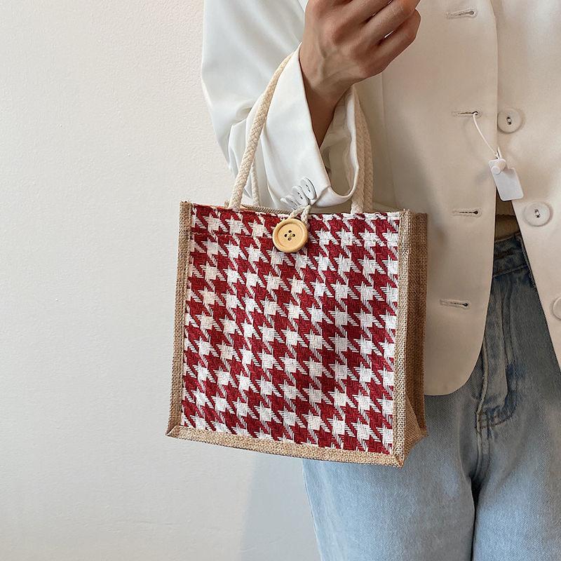 Ins Style Fashion Plaid Portable Linen Bag Large Capacity Square Bottom Jute Shopping Bag Linen Waterproof Gift Bag