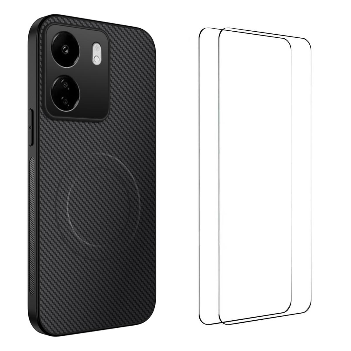 

For Xiaomi Redmi 13C 4G Magnetic Case WANLONFENG TQ1 Series Carbon Fiber Texture PC TPU Phone Cover with 2Pcs Screen Films Black