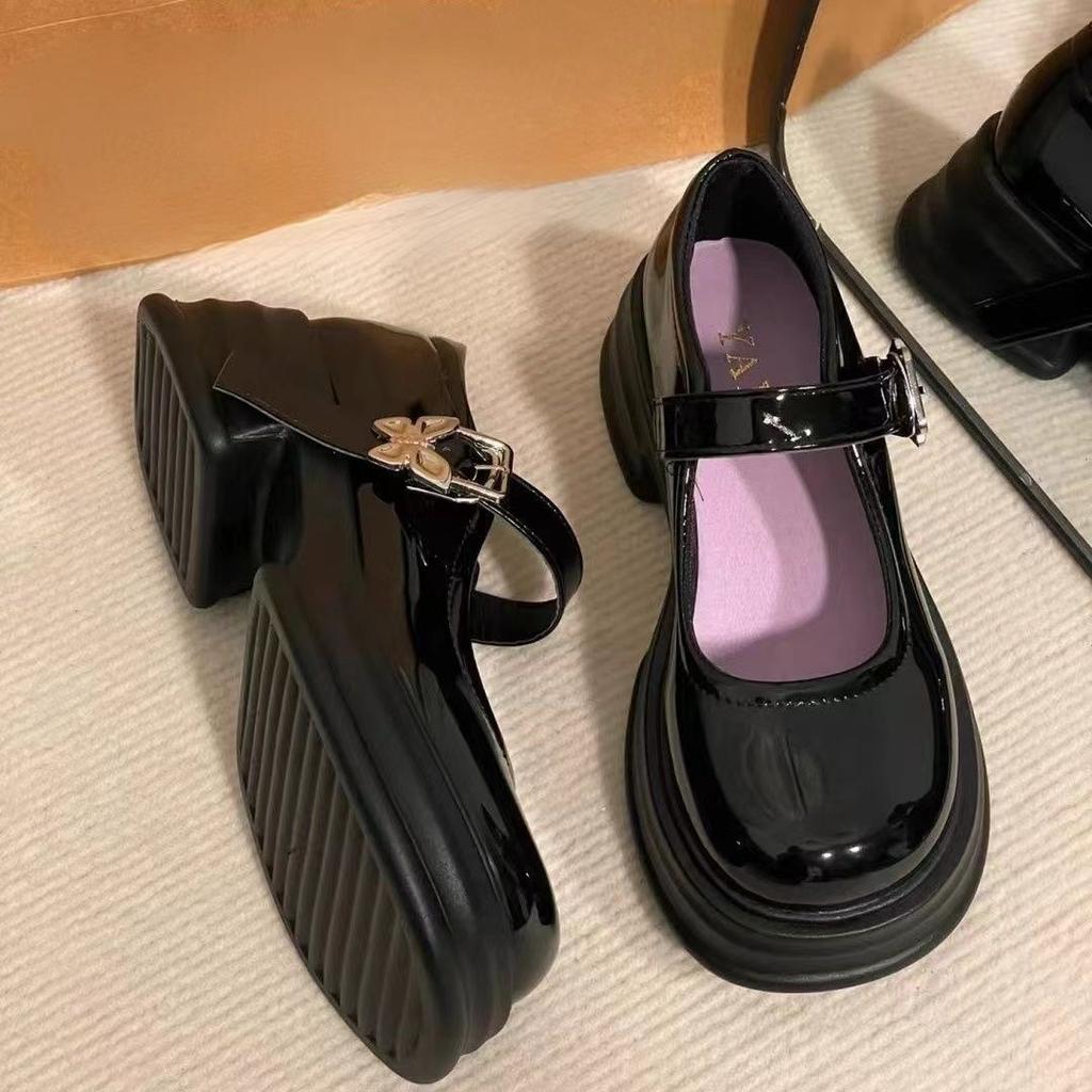 Heightening Summer Black Round Head Jk Japanese Platform French High-heeled Small Leather Shoes Women's Spring and Autumn Retro Mary Jane Single Shoes