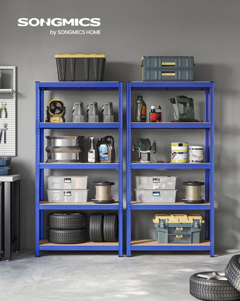 SONGMICS 5-stöckiges Regal, Stahlregal zur Lagerung, werkzeuglose Montage, für Garage, Schuppen, Tragfähigkeit 875 kg, 40 x 90 x 180 cm, Blau
