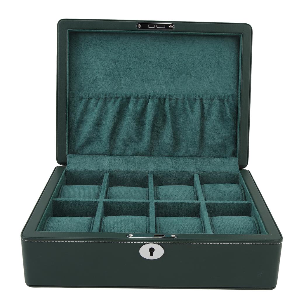 8-Fächer Uhrenbox Vitrine Organizer Schmuckaufbewahrungsbox für Männer Frauen Mikrofaserleder Grün