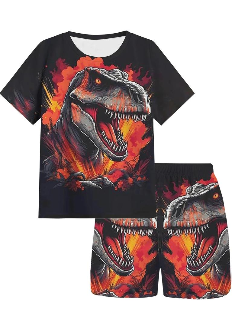 Summer Round Neck 3D Printed Dinosaur Pattern Set Fashionable and Casual Short Sleeved Shorts Children's Boy and Girl Unisex Clothing Set