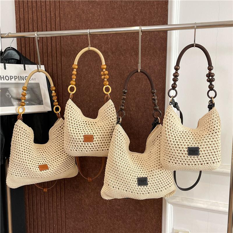 Urban Minimalist Woven Tote Bag With Bead Decoration For Daily Outings