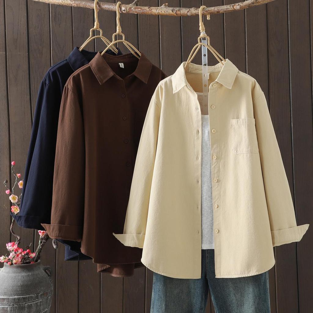 Women's Artistic Brushed Cotton Long-Sleeve Shirt, Autumn 2025 New Arrival, Loose Casual Mid-Length Top