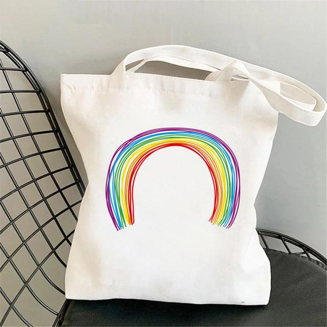 Cute Rainbow Shopping Bags Eco Shopper Canvas Jute Bag Reusable Woven Bag Funny Women'S Shoulder Bags Kawaii Girls