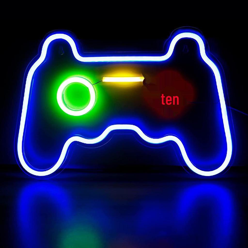 LED Neon Game Controller Light with Transparent Back Panel for Game Room & E-Sports Decor.