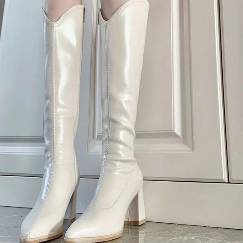 Fashion Winter 2024 Ladies Knee High Shaft Shoes Pointed Toe Solid Color Large Size Warm Footwear Chic and Elegant Pu Women's Long Boots