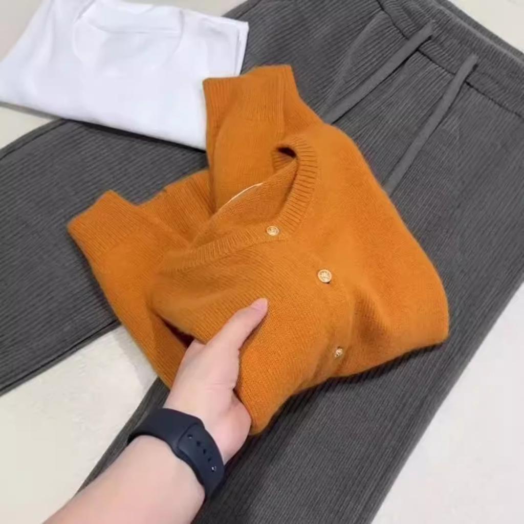 Orange long-sleeved knitted cardigan sweater women's autumn and winter loose soft waxy lazy coat top