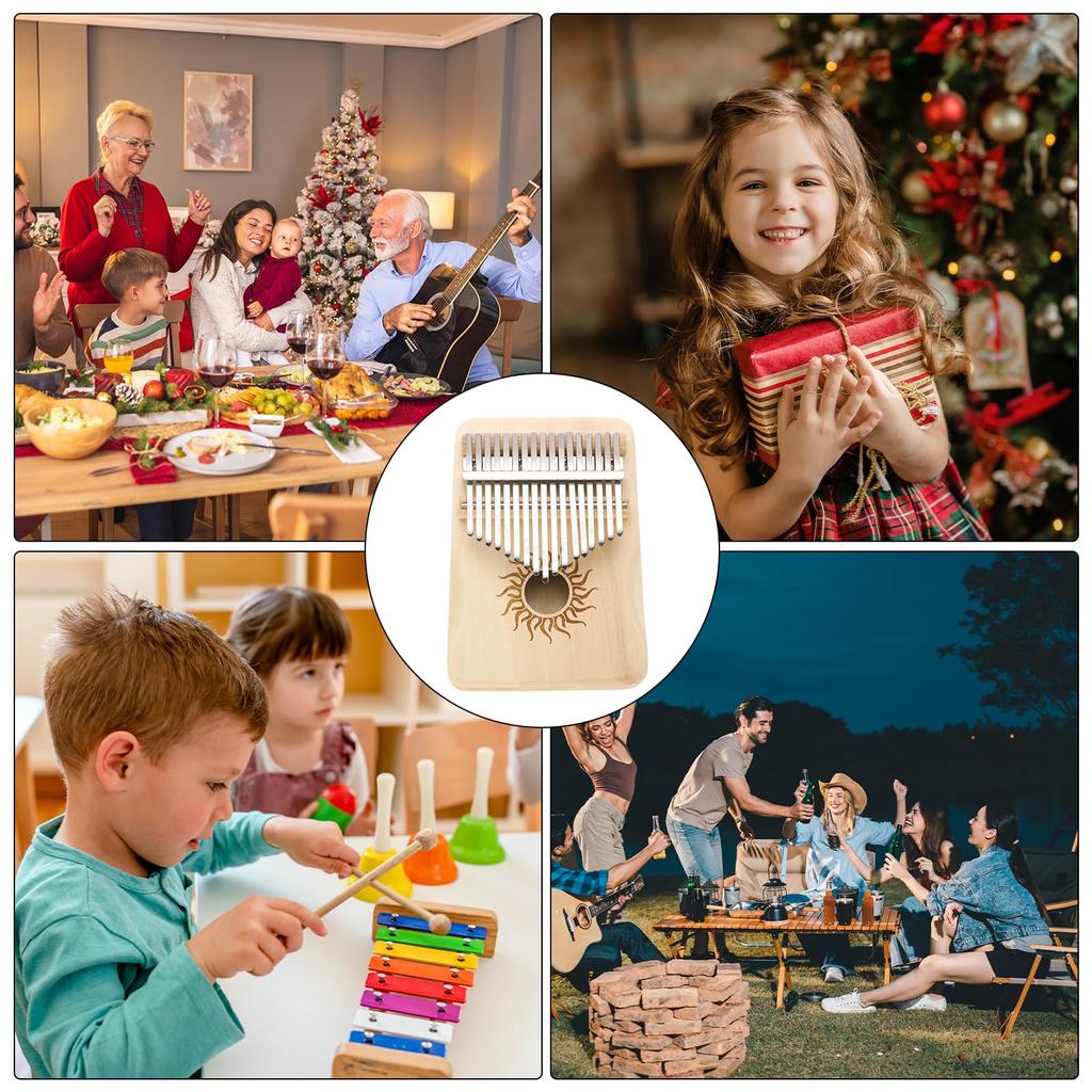 Uxcell 17-Key Thumb Piano, Brown Mini Portable Finger Piano with Maple Wood Sun Pattern, Protective Bag, Tuning Hammer, and Sheet Music Instructions,