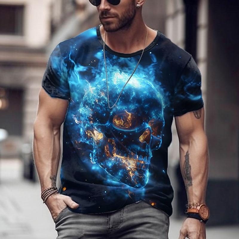 

Men s Skull Flame T Shirt Short Sleeve T shirt 3D Print Crew Neck Shirt Exaggerated Designer Party Holiday Club Red Blue XL