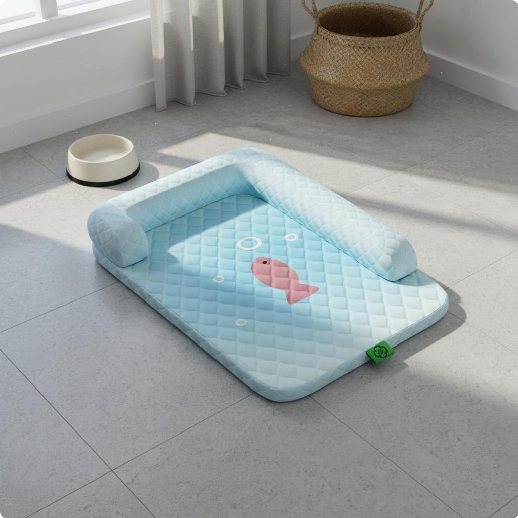 Dog Cooling Mat with Pillow Tear Resistant Cooling Dog Bed Supportive Pillow Pet Bed Breathable Quilted Pet Lounger Neck Support