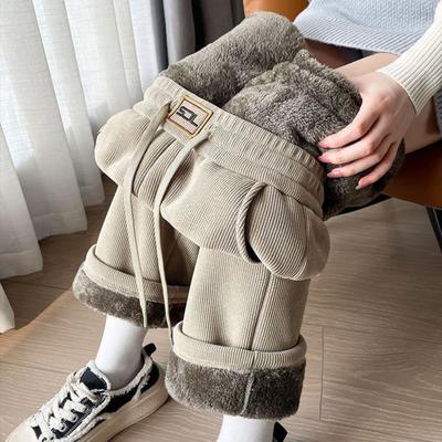 Yousheng Women Corduroy Pants Elastic High Waist Straight Wide Leg Long Trousers Solid Color Thickened Fleece Lined Pants
