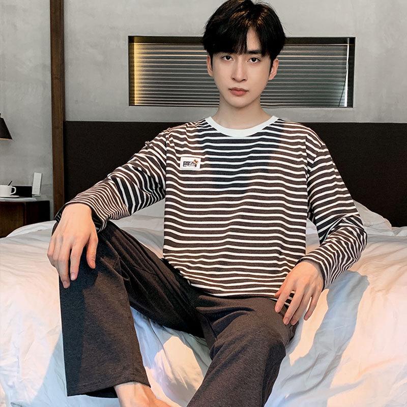 Pijama de manga larga 100 % algodón para hombre: informal, cuello redondo, ideal para usar en exteriores, perfecto para primavera y otoño.