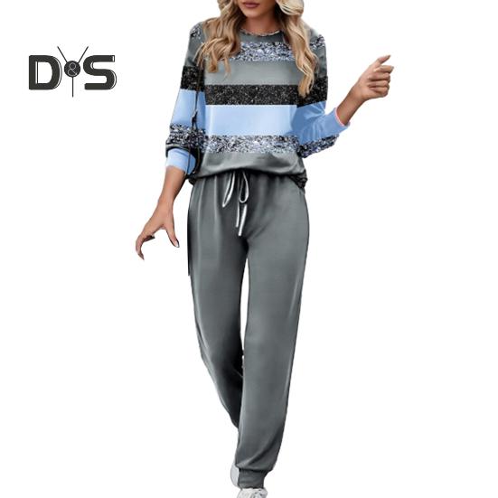 

Женский повседневный спортивный костюм на весну и осень, свободные топы с длинными рукавами и принтом в полоску, спортивные штаны с эластичной резинкой на талии, спортивная одежда, комплект из двух предметов 3XL синий