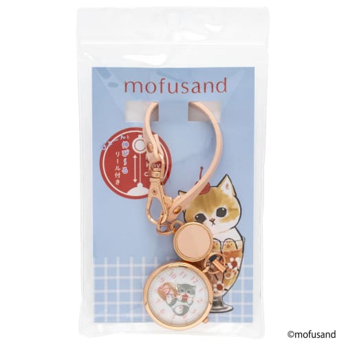 Fieldwork Women's Analog Pocket Watch Keychain Watch by Mofusand with Reel, Reel KC Watch J, Strawberry Cat Design, Pink, MSD007-2