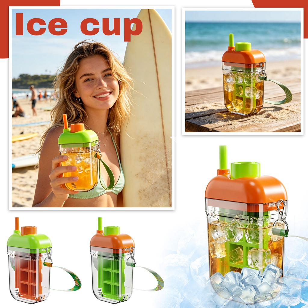 Reusable Water Bottle with BuiltIn Straw LeakProof Lid Detachable Ice Tray and Carry Handle for Outdoor and Indoor Use