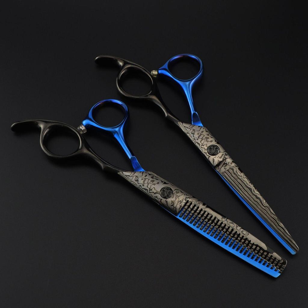 6.0-Inch Black Blue Damascus Barber Scissors & Thinning Shears for Hairdressing