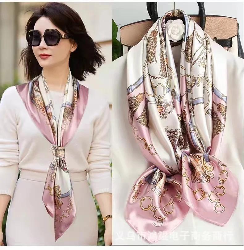 Square Scarf Handmade Shawl Headscarf Curling Geometric Striped Temperament Women'S Professional Square Silk Sunscreen New 90Cm