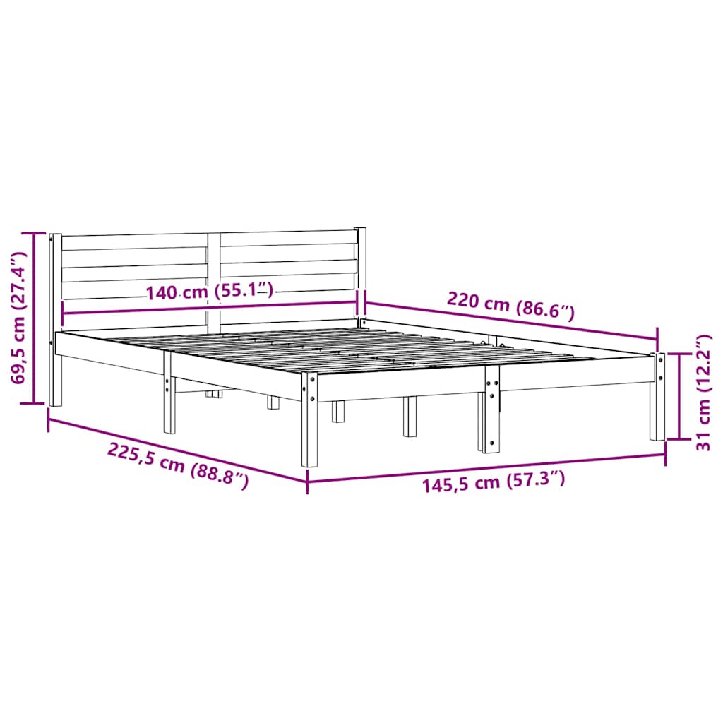 Brown Bed Frame 225.5 X 145.5 X 69.5 Cm Solid Pine Wood
