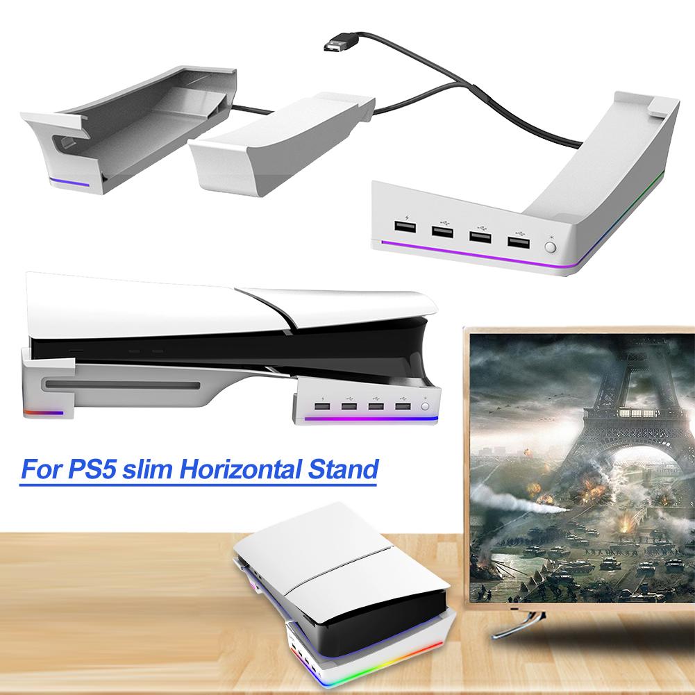 Horizontal Game Console Base Stand Holder with 14 Light Mode and 4 USB Hubs Game Console Desk Stand Storage Rack for PS5 Slim