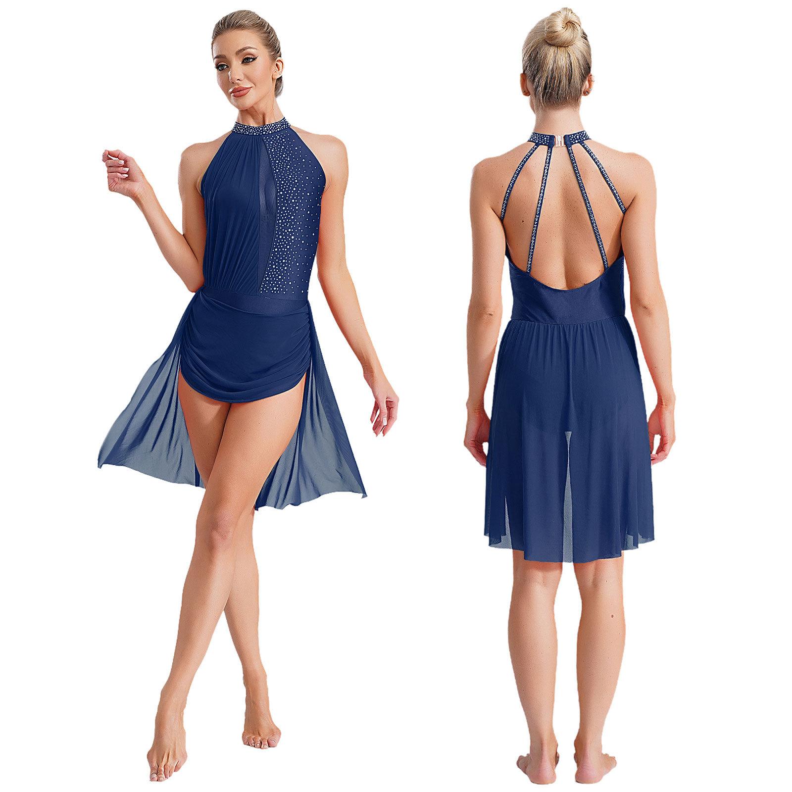 

Женский Девочки Блестящий Лирический Танцевальный Костюм Прозрачный Сетчатый Балетный Трико Без Рукавов Костюм Для Фигурного Катания S темно-синий