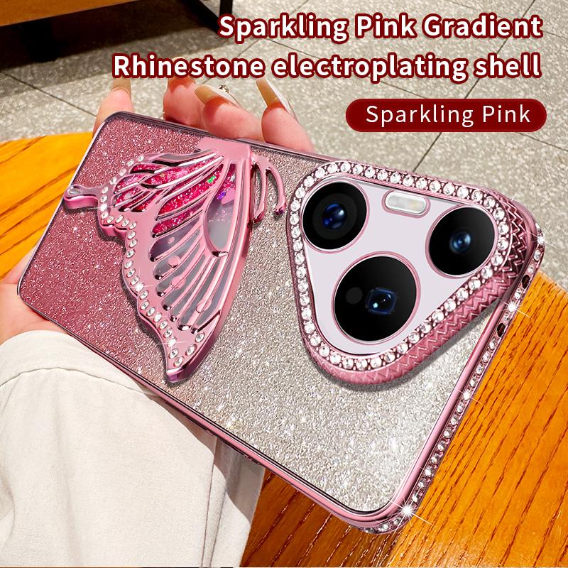Diamond Glitter Liquid Quicksand Butterfly Phone Holder Case For Huawei Pura 70 P60 P50 Pro Silicone Cover