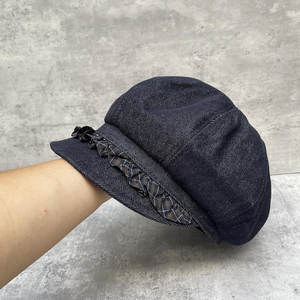 Medieval Retro Niche Design Lace High-End Denim Octagonal Hat Children'S Autumn Face Small Cloud Beret