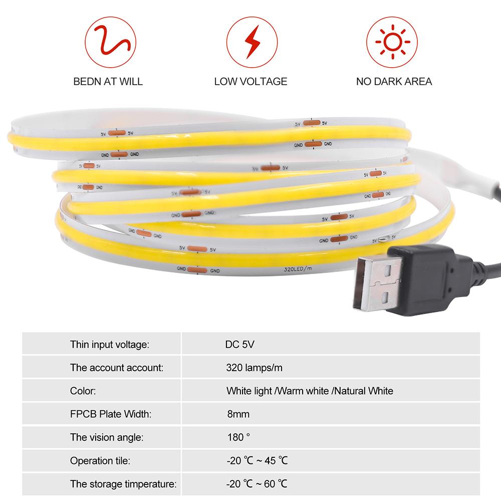 New 5V USB COB Strip Light 320Leds/m Warm Natural White Cabinet Lamp Night Lighting Flexible LED Ribbon Stripe DC5V TV Backlight