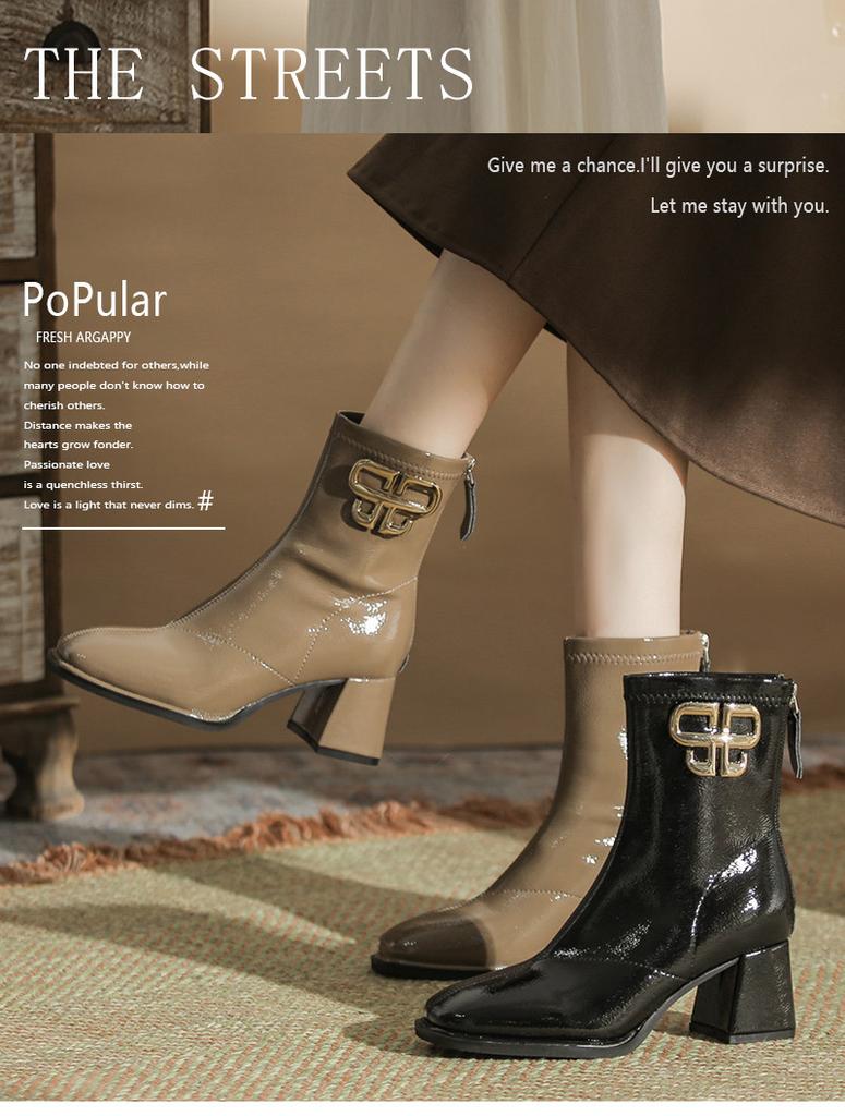 H793-6 autumn and winter new medium boots children's retro square head thick heel metal decorative Martin boots sewn line short boots