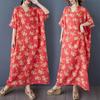 Dimanaf 2025 Plus Size Summer Women Floral Printing Long Dress Short Sleeve Vintage Casual Linen V-Neck Basic Loose Dress