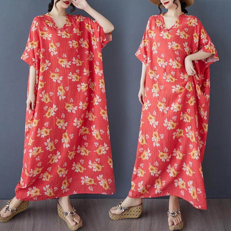 Dimanaf 2025 Plus Size Summer Women Floral Printing Long Dress Short Sleeve Vintage Casual Linen V-Neck Basic Loose Dress