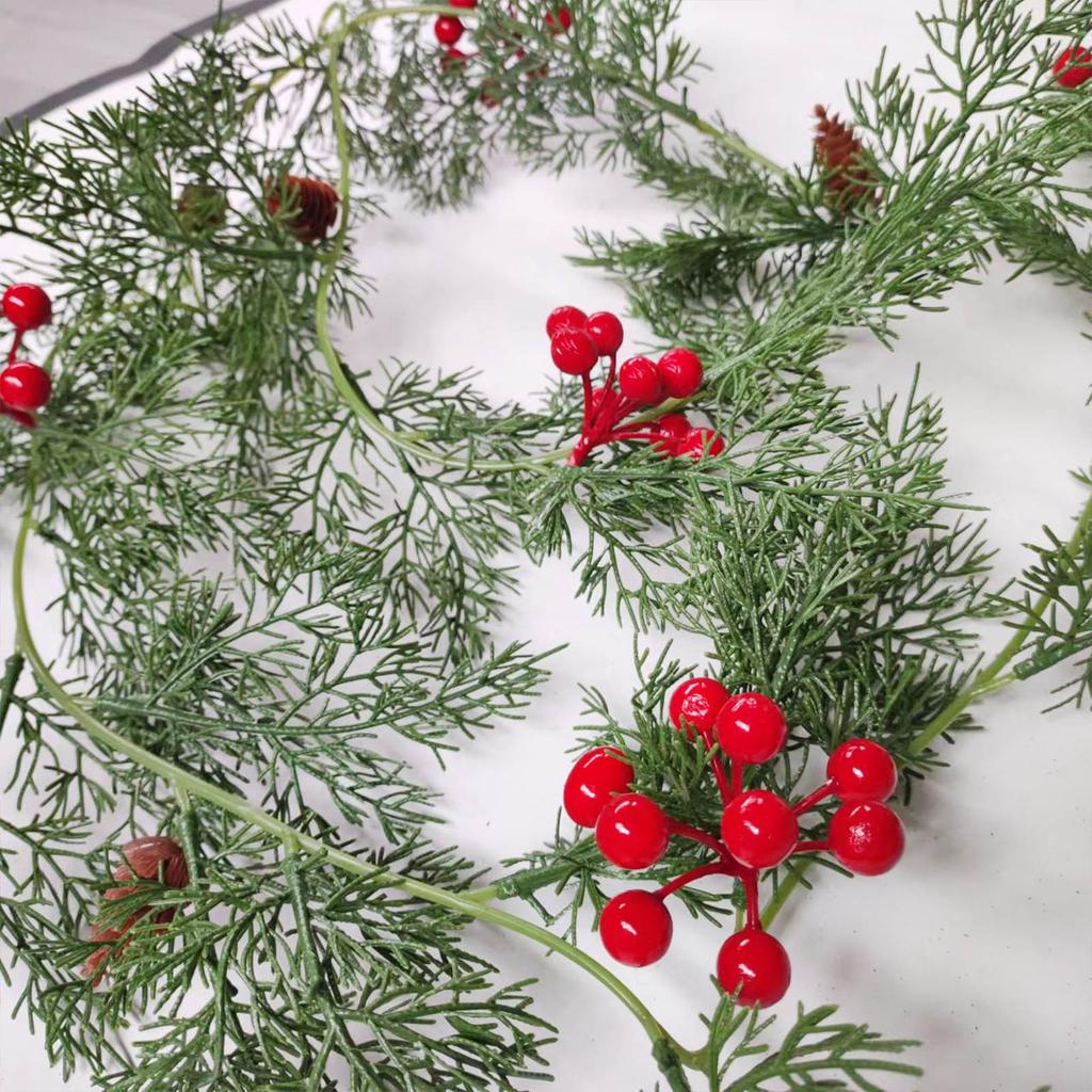 5.74ft Artificial Xmas Garland with Red Berry Pine Cone Faux Winter Greenery for Holiday Mantel Staircase Doorway