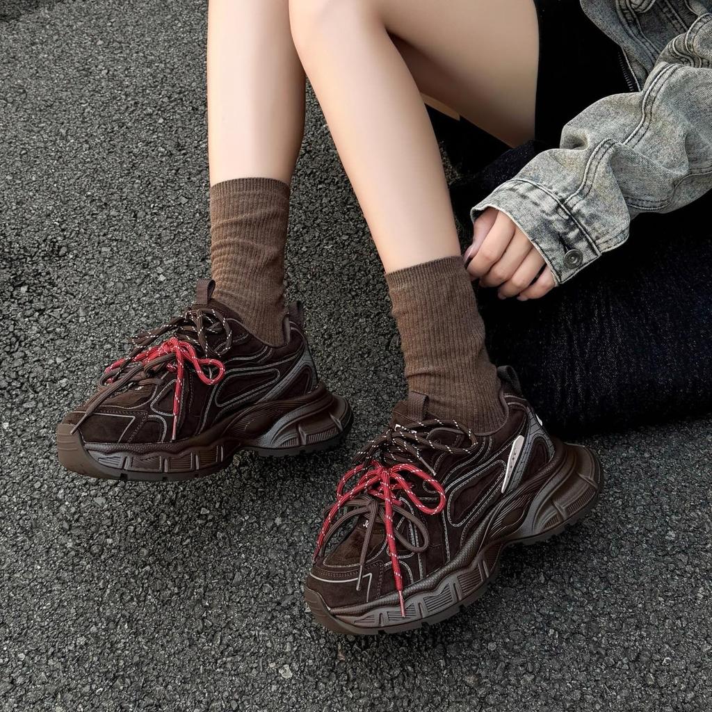 Platform dad shoes women's leather 2025 autumn new versatile height increase casual sports shoes ins niche design sense