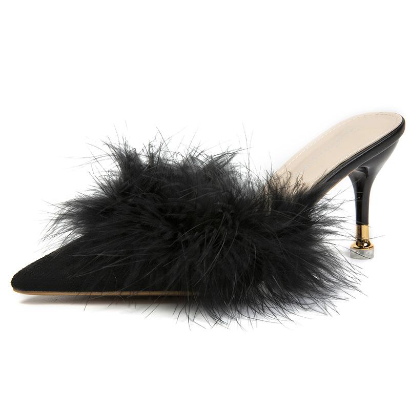 

Туфли-шлепанцы на высоком каблуке новые большого размера на высоком каблуке-шпильке волосатые остроносые сандалии женские 34 чёрный