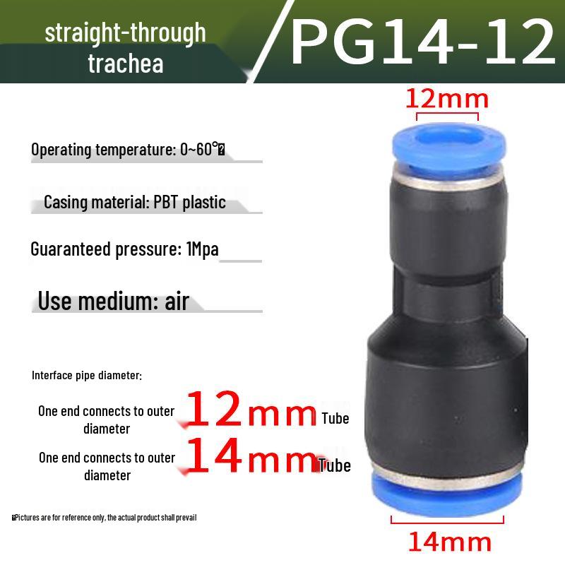 Pneumatic Air Tube Connector: PU8 Straight, PV10 Right-Angle Elbow, Quick-Insert, Butt Joint, Blue Plastic, PG6-4 Reducer.