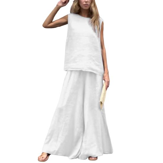 

Женский летний комплект из 2 предметов: майка без рукавов, широкие брюки, повседневный комплект из льна и хлопка для отдыха на пляже XXXL белый