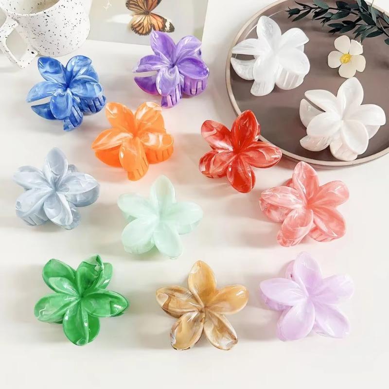 8cm Marble Pattern Frangipani Flower Hair Claw for Women Handmade Dyeing Design Acrylic Large Shark Clips Vacation Accessories