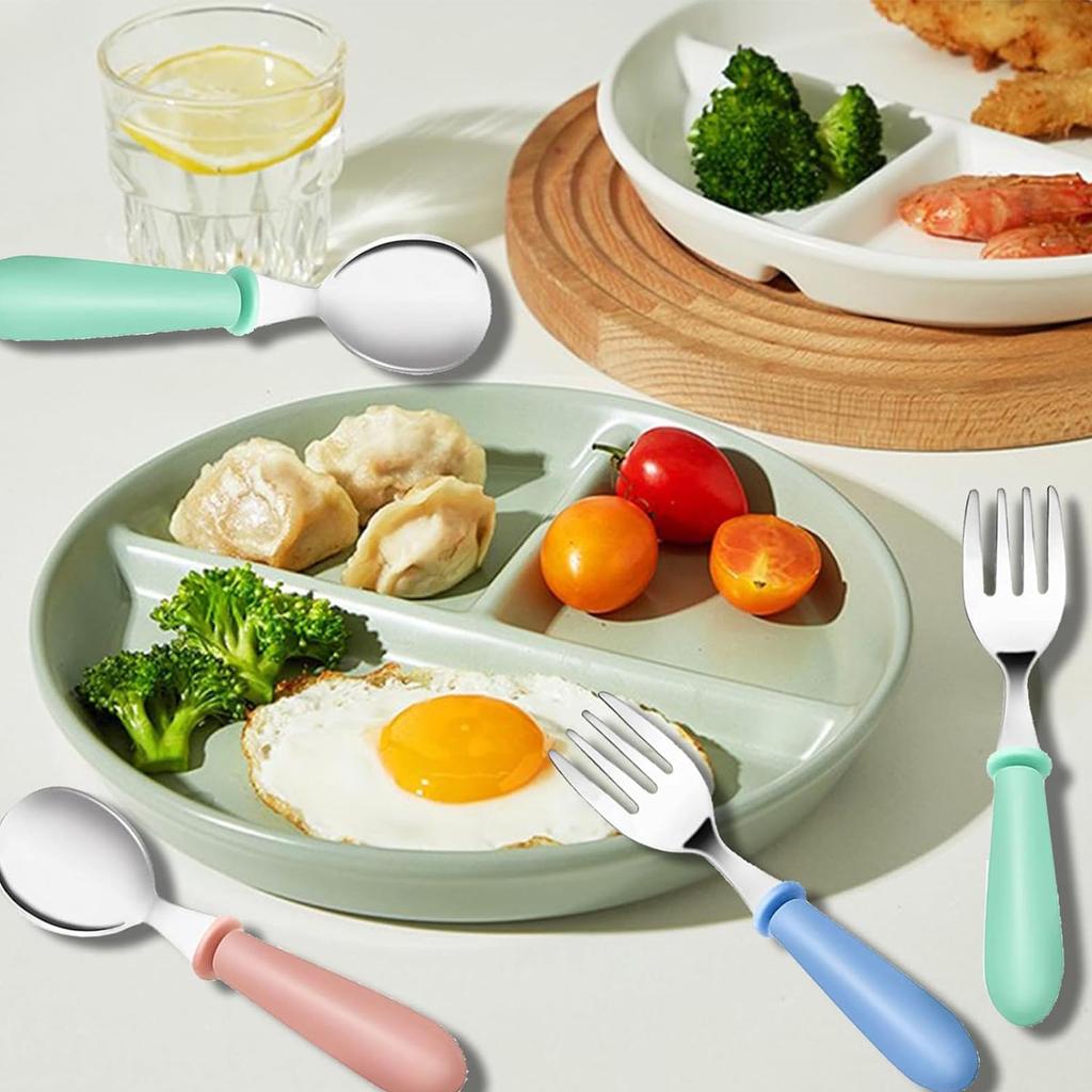 6-Piece Kids Fork and Spoon Set BPA-Free Silicone Stainless Steel Soft Handle Smooth Edges Multicolor 12.5x2.5cm Axroad Mall